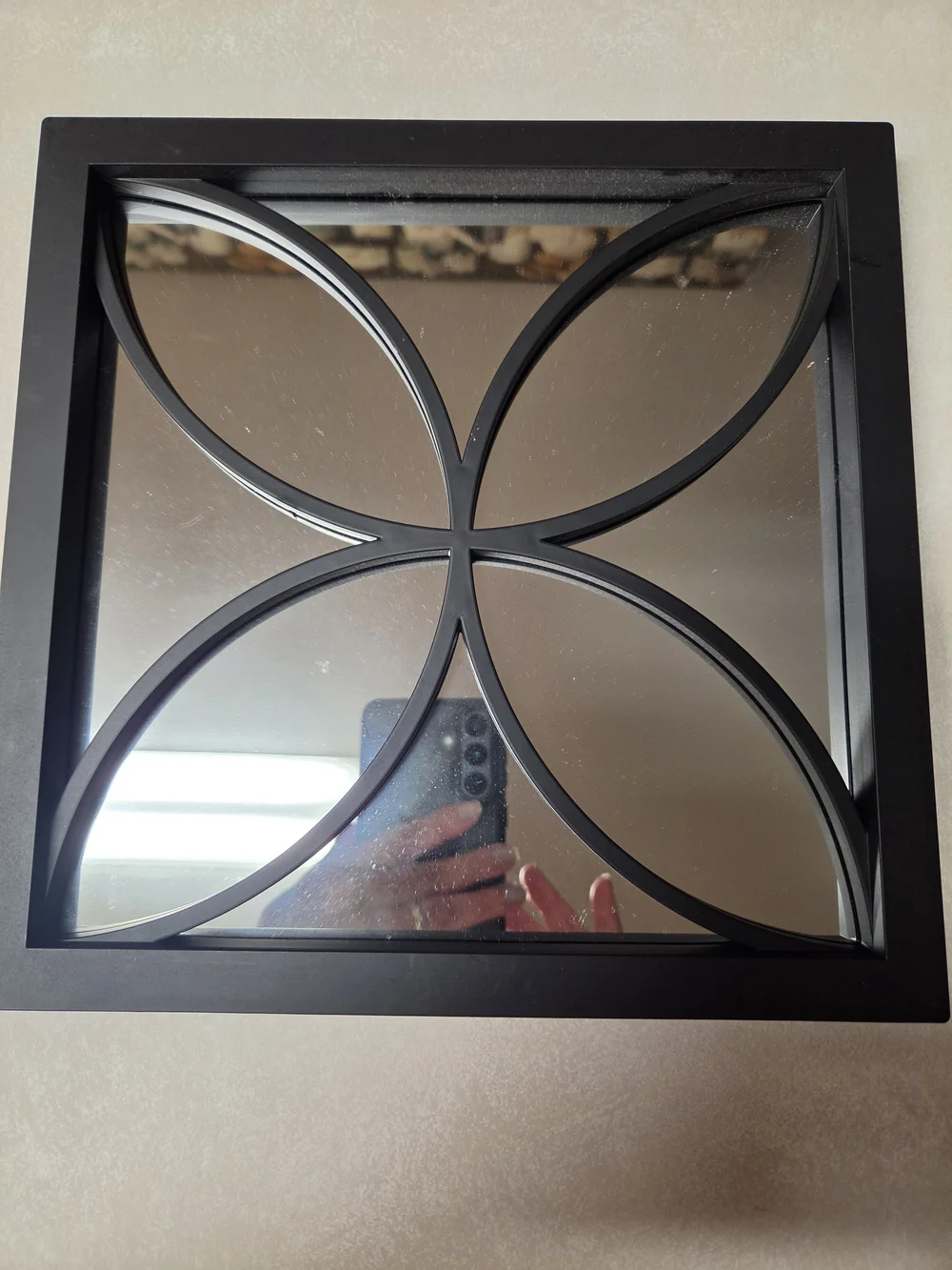 Black Decorative Square Wall Mirror with Floral Geometric Overlay